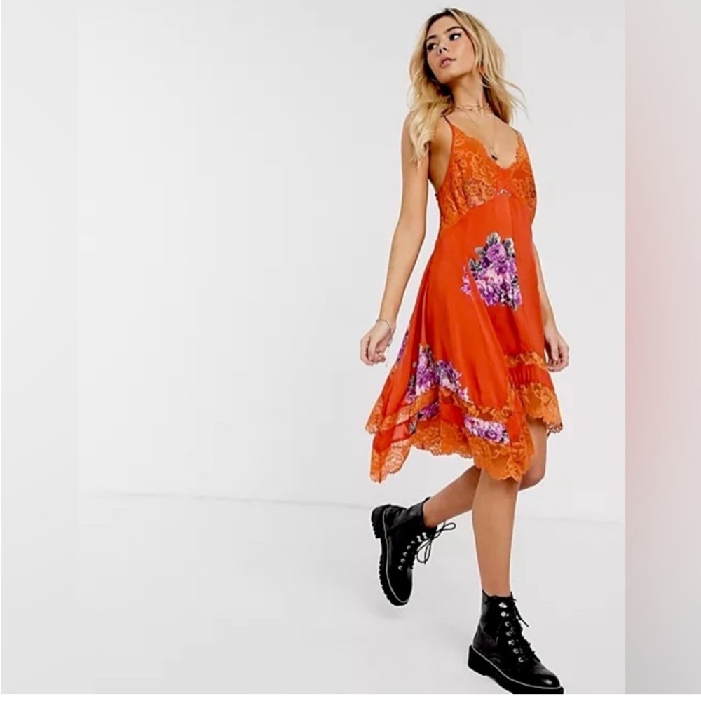 Free People Orange Table For 2 Trapeze Floral Asymmetrical Mini Dress | M - Picture 2 of 9